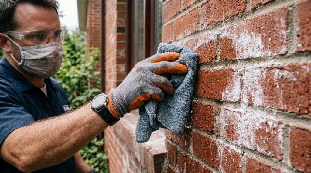 Homeowner inspecting white salt deposits on exterior brick after winter