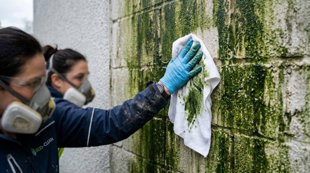 North-facing house wall with green algae caused by shade and lingering moisture
