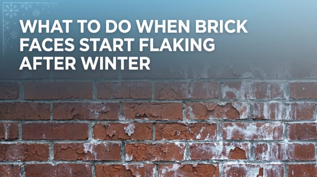 Brick flaking after winter on a Michigan home's exterior wall due to freeze-thaw damage