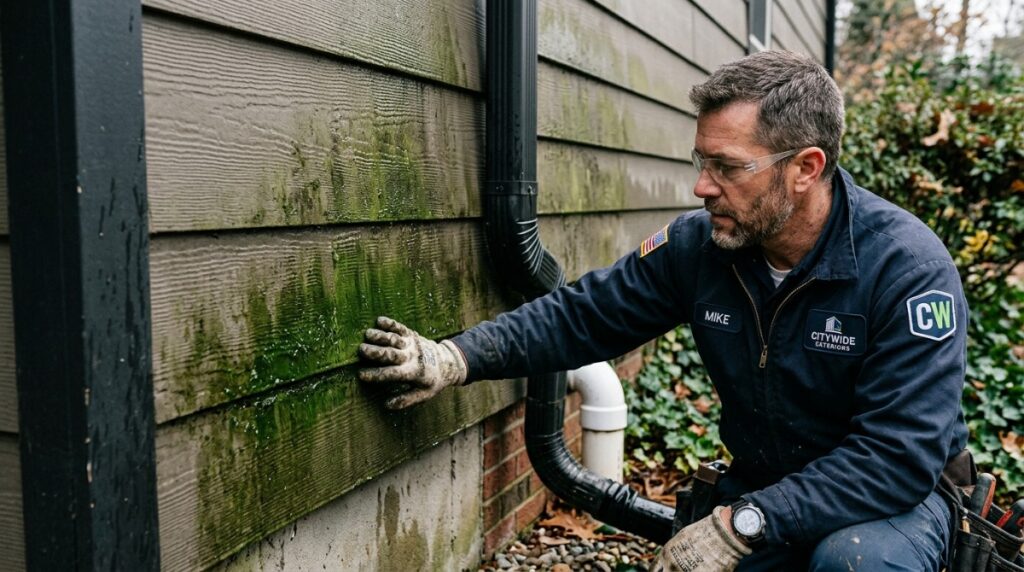 Green algae film growing along the lap lines of shaded house siding