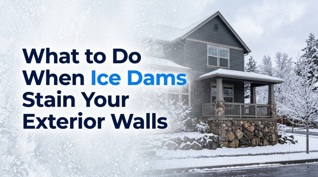 Ice dam stains on exterior walls showing brown streaks beneath the eaves of a Michigan home