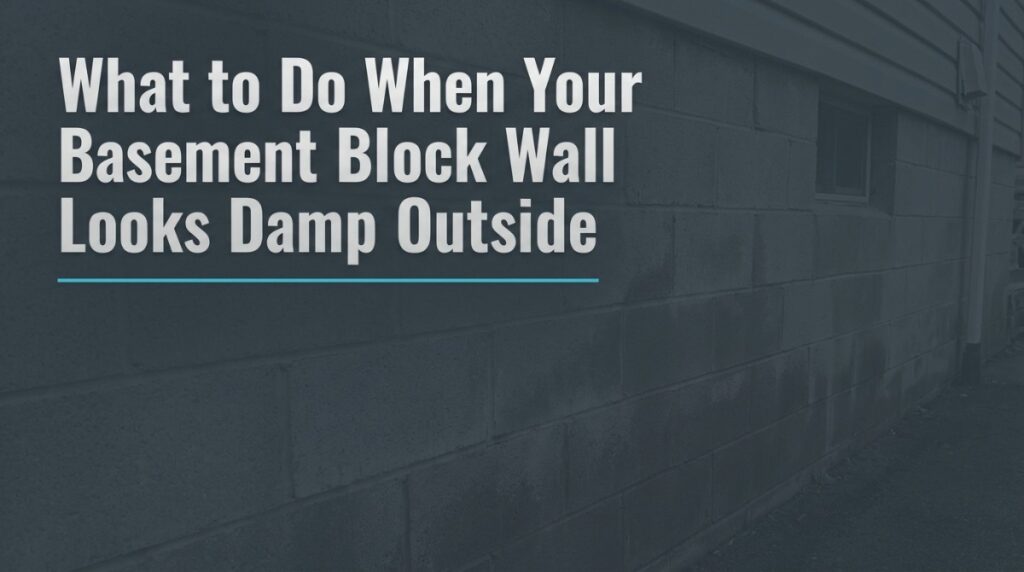 Basement block wall damp outside with dark staining along the bottom course after rain