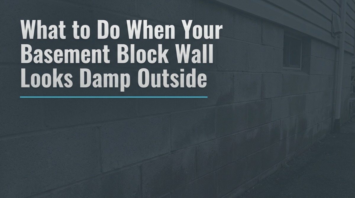 Basement block wall damp outside with dark staining along the bottom course after rain