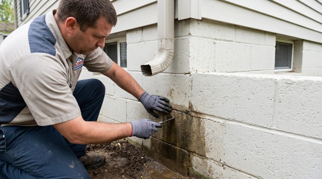 Damp painted concrete block foundation with blistering paint near the base of a Michigan home