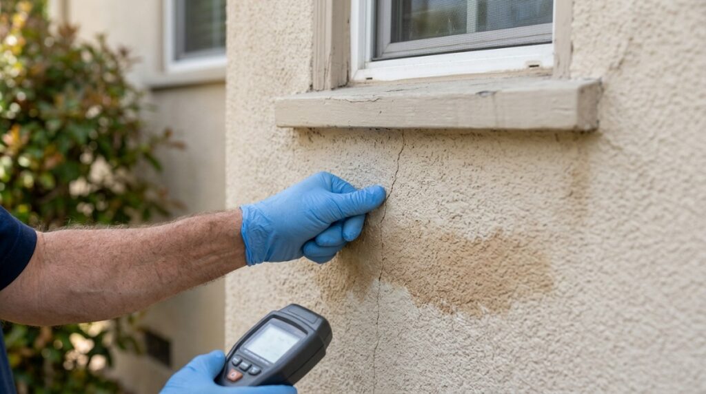 Brown water stains and discoloration on stucco beneath a window sill