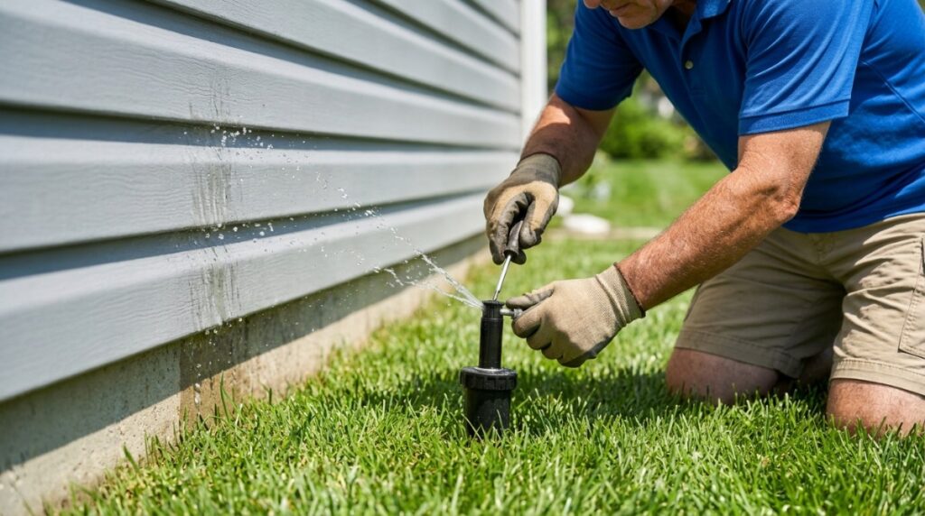 White hard water mineral deposits left on vinyl siding by lawn sprinkler spray