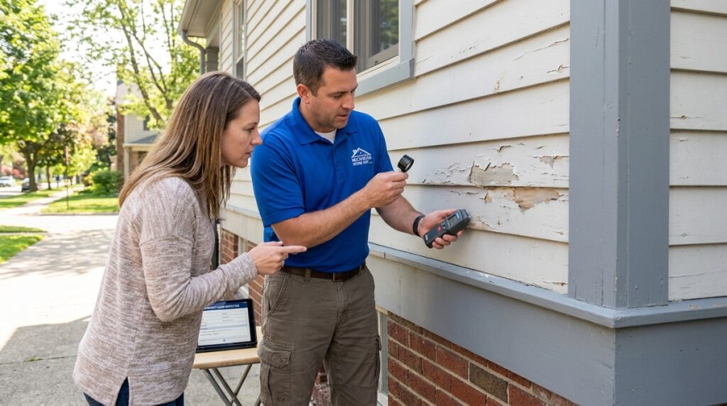 Peeling exterior paint on a Michigan home showing a possible warranty issue