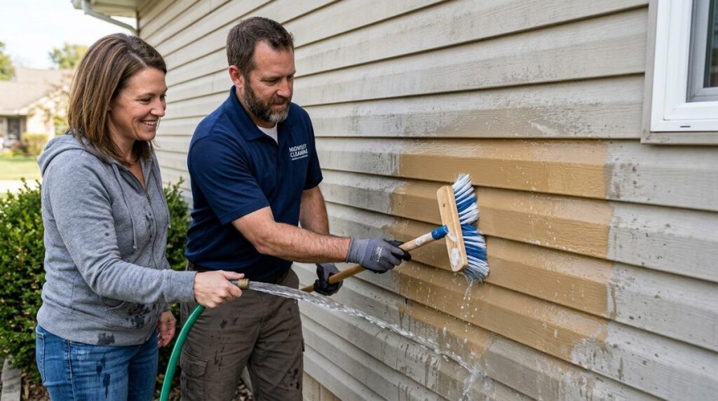 Faded vinyl siding on the south-facing wall of a Michigan home