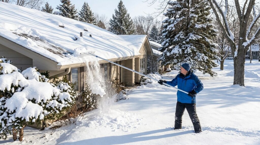 Ice buildup in gutters and along roof eaves during a Michigan winter
