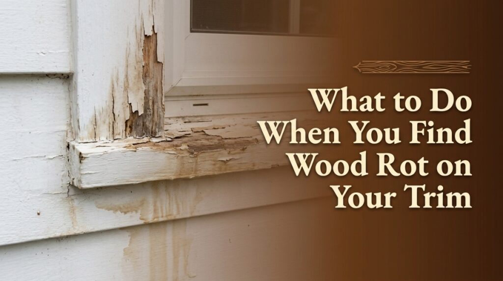 Wood rot on trim causing soft, decayed wood at the bottom corner of a window casing