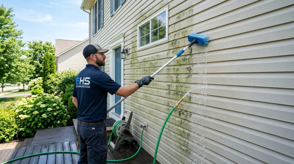 Downspout draining water against house siding and contributing to recurring mold growth