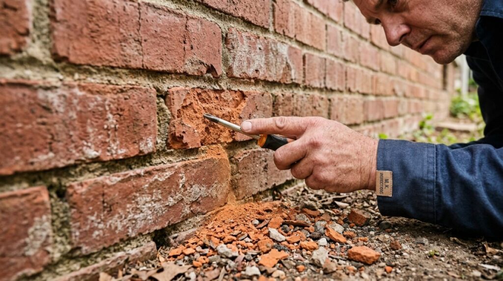 Red and orange brick flakes collected at the base of a damaged exterior brick wall