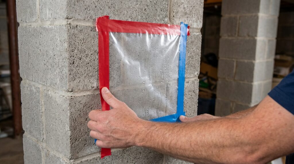 Downspout discharging rainwater beside a damp basement block wall