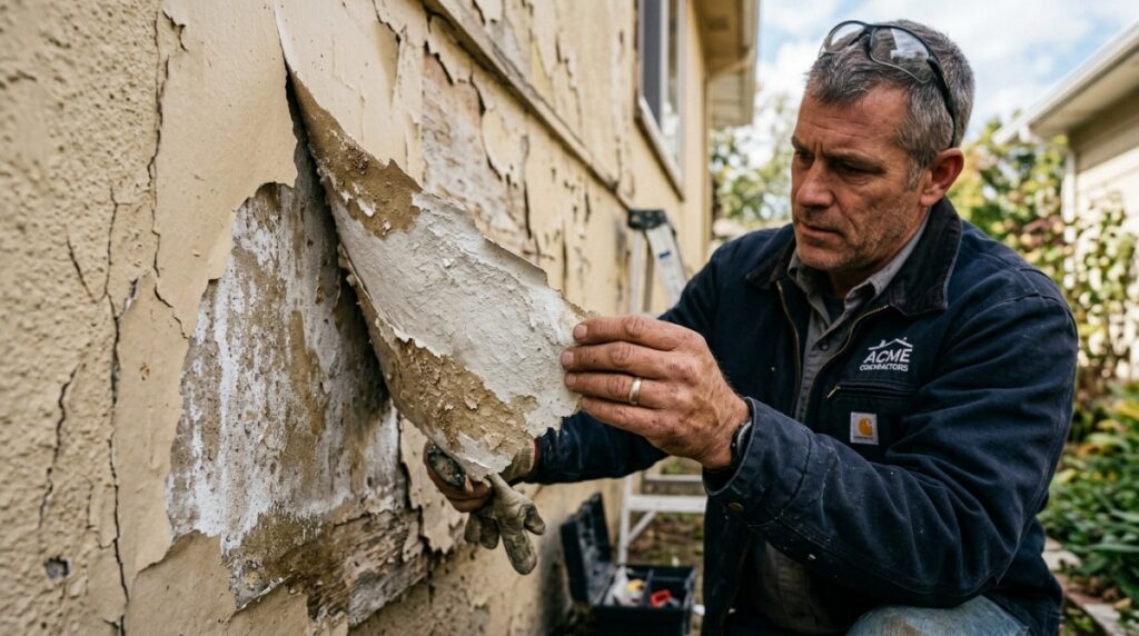 Exterior paint peeling away from an old paint layer due to poor surface preparation