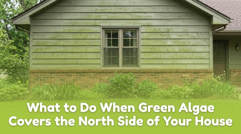Green algae on the north side of a Michigan house covering exterior siding