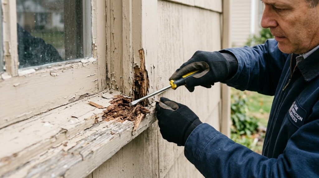Testing exterior wood trim with a screwdriver to identify hidden wood rot beneath paint