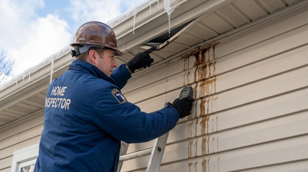 Brown water stains running down exterior siding from a roof edge affected by ice dams