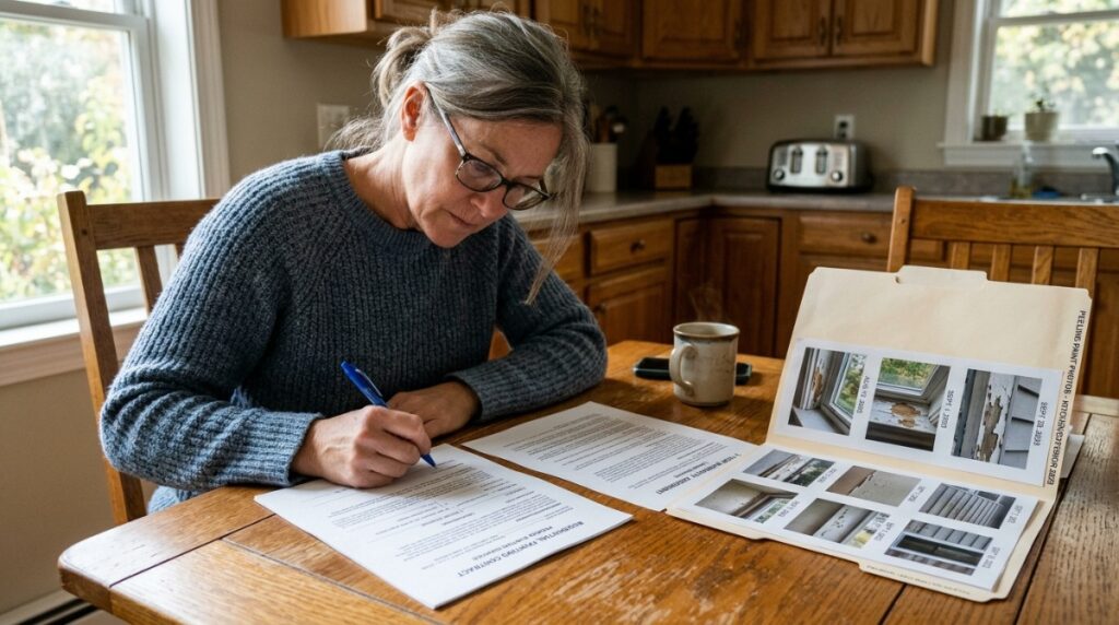 Homeowner reviewing a painting contract and written warranty for exterior paint failure