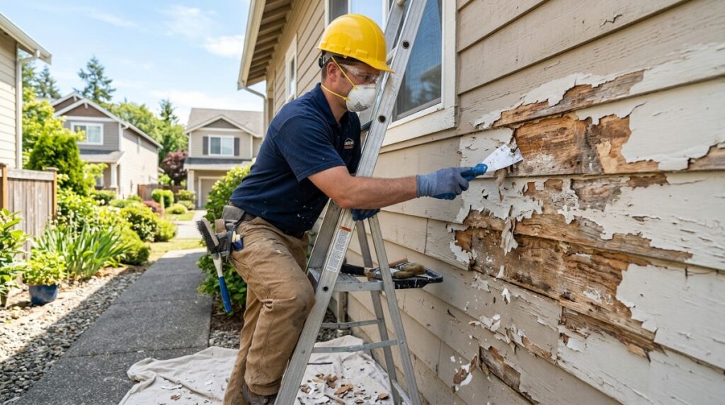 Close-up of bubbling exterior paint caused by trapped moisture