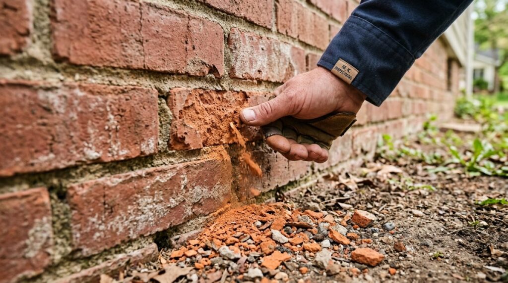 Spalling brick with thin layers of the brick face peeling away after a cold winter