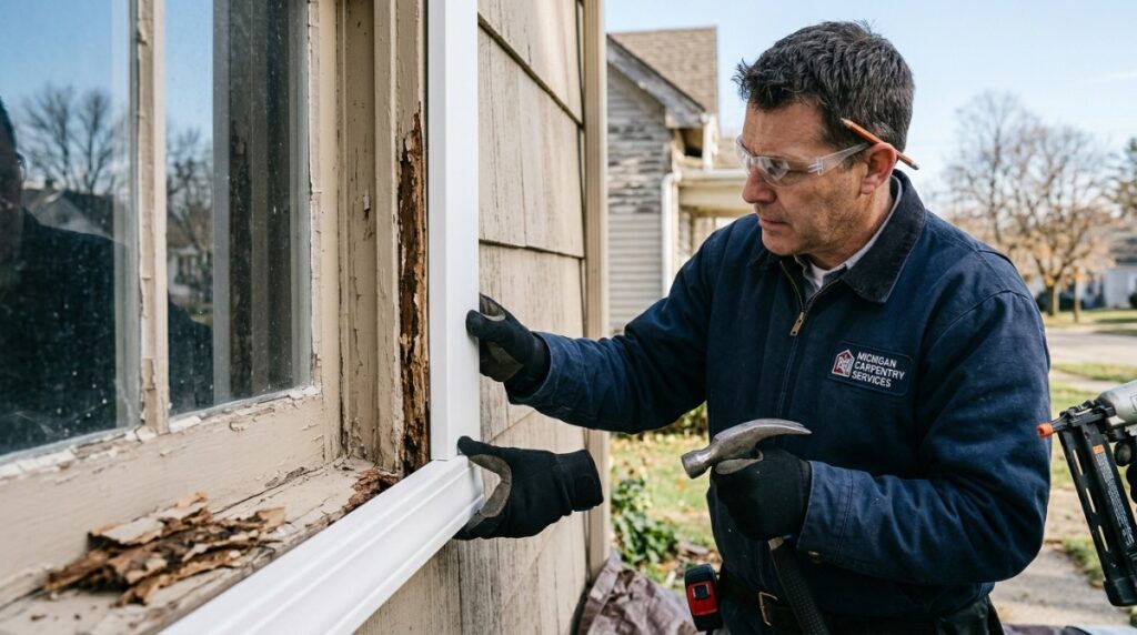 Peeling and bubbling paint on exterior trim caused by moisture intrusion
